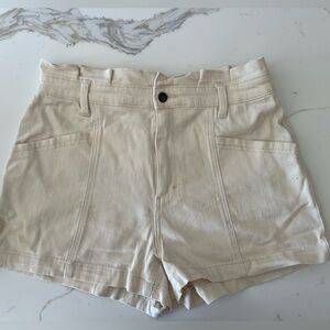 Ruffle waist deep pocket cream jean shorts